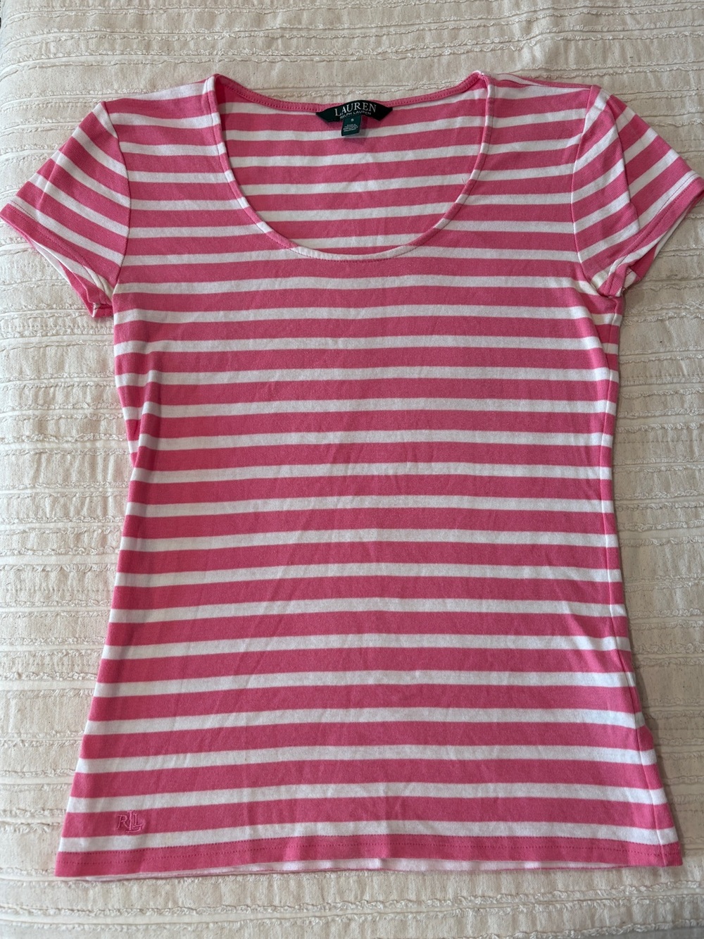 Lauren Ralph Lauren Pink & White Striped Scoop Neck Tee — Classic Fit